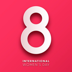 Women's day background with text. March 8 international holiday. Paper greeting card with number and date. Vector illustration.