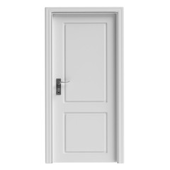 White decorated closed door isolated cutout on white background. 3d illustration