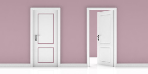 Closed and open door on pink wall and white floor background. 3d illustration