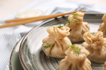 Plate with tasty dumplings on table, closeup