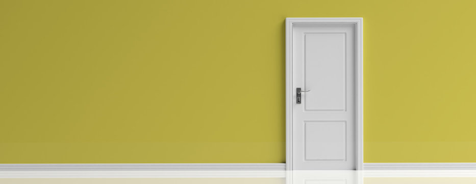 Closed door white on yellow wall background, banner, copy space. 3d illustration