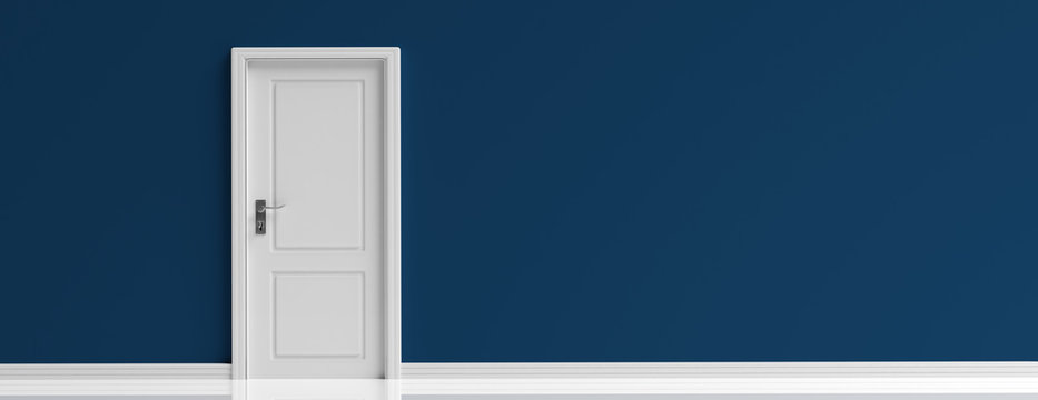 Closed door white on dark navy blue wall background, banner. 3d illustration