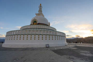 A view of Shanti Stupa on the sunset time in Leh, Ladakh, India