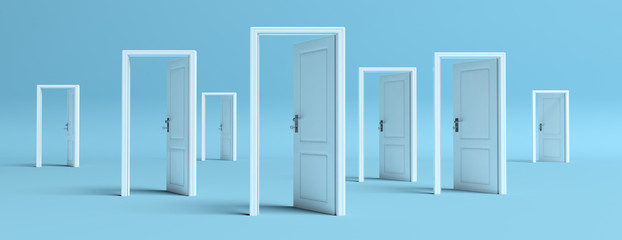 White doors opened on blue background, banner. 3d illustration