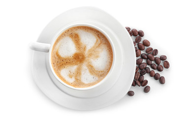 Cup of hot coffee on white background