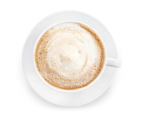 Cup of hot coffee on white background