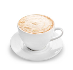 Cup of hot coffee on white background