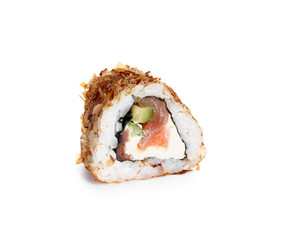 Tasty sushi roll on white background