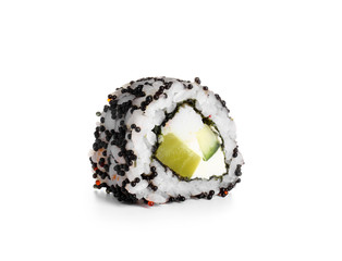 Tasty sushi roll on white background