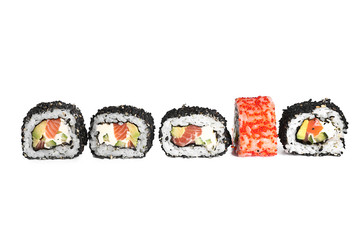 Tasty sushi rolls on white background