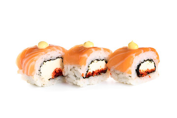 Tasty sushi rolls on white background