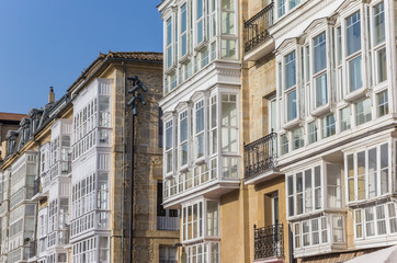 Fototapeta na wymiar Traditional Basque bay windows in Vitoria-Gasteiz, Spain