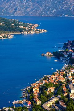 Dobrota and Prcanj, view from fortress Sveti Ivan in Kotor, bay of Kotor, Montenegro, Europe
