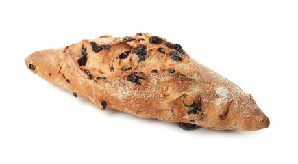 Loaf of fresh bread on white background