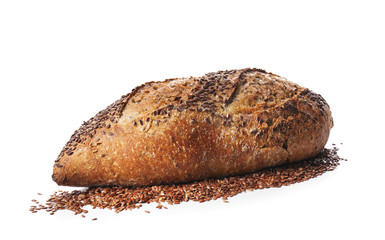 Loaf of fresh bread on white background