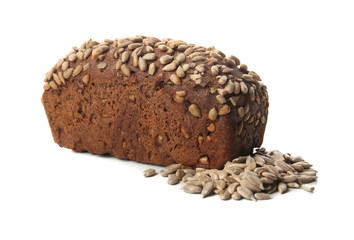 Loaf of fresh bread on white background