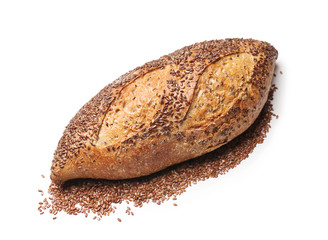 Loaf of fresh bread on white background