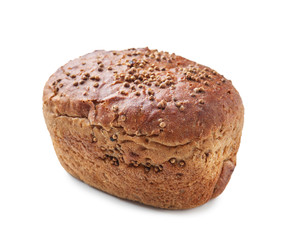 Loaf of fresh bread on white background