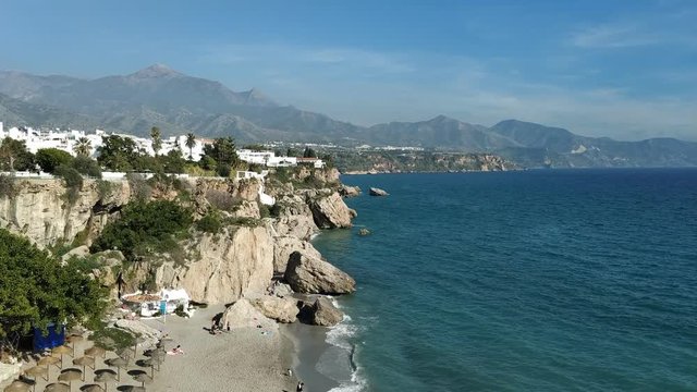 Aerial view of  touristic town Nerja in Costa del Sol in winter from "balcon de Europa", Andalusia, Spain