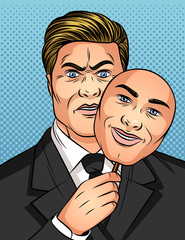 Color vector illustration in the style of comic pop art. A man holds a mask in his hands. Businessman hides his emotions. A man with a fake smile. Man liar with fake emotions