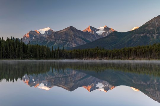 Herbert Lake at sunrise, reflection of the Bow Range, Banff National Park, Canadian Rocky Mountains, Alberta, Canada, North America