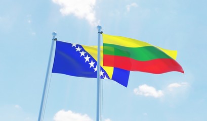Lithuania and Bosnia and Hercegovina, two flags waving against blue sky. 3d image