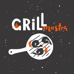 Grill master hand drawn vector illustration concept. Grill and barbecue restaurant design: text, grill, shrimps, pepper, texture. Freehand typography poster. BBQ banner grilled food. 