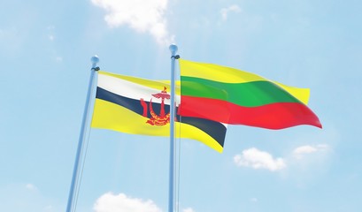 Lithuania and Brunei, two flags waving against blue sky. 3d image