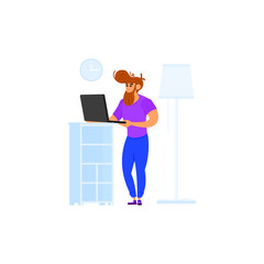 A man with a beard is standing with a laptop and working on it. On the background of the interior. Flat design