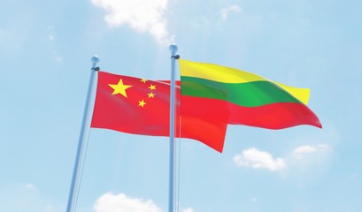 Lithuania and China, two flags waving against blue sky. 3d image