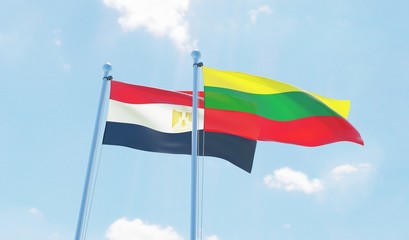 Lithuania and Egypt, two flags waving against blue sky. 3d image