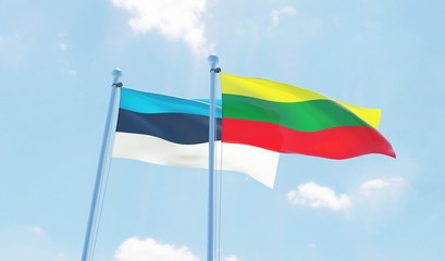 Lithuania and Estonia, two flags waving against blue sky. 3d image
