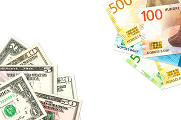 new norwegian krone and us-american dollar banknotes indicating bilateral economic relations with...