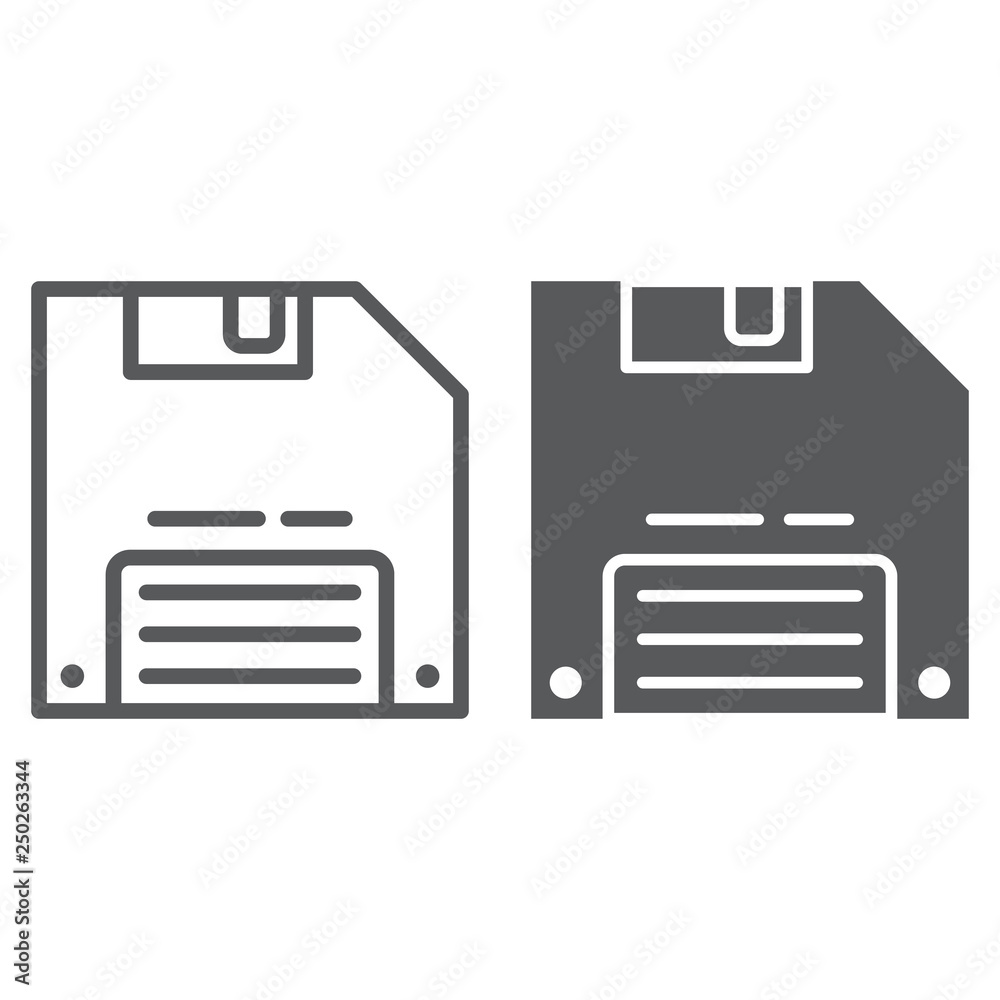 Poster save game line and glyph icon, data and disk, diskette sign, vector graphics, a linear pattern on a 