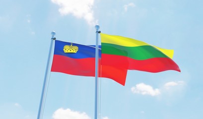 Lithuania and Liechtenstein, two flags waving against blue sky. 3d image