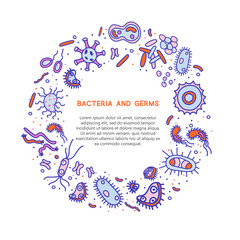 Bacteria, viruses and germs vector colorful banner. Collection of various microorganisms, fungi, protozoa on a white background. Set of disease causing microbes in blue colors.