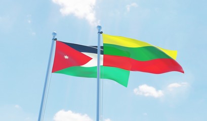 Lithuania and Jordan, two flags waving against blue sky. 3d image