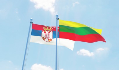 Lithuania and Serbia, two flags waving against blue sky. 3d image