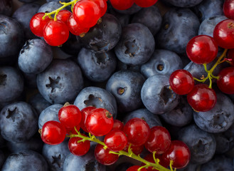 Texture berries close up. Top view. Black-blue and red berries. Ripe blueberries and red currants. Various fresh summer berries.