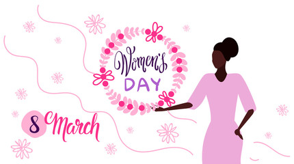 woman holding floral wreath happy women day 8 march holiday celebration concept african american female character portrait white background horizontal greeting card sketch