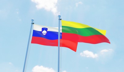 Lithuania and Slovenia, two flags waving against blue sky. 3d image