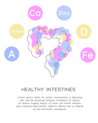 Minerals and vitamins for healthy intestines. Illustration of vitamins A, D, Fe, Ca, Zinc and Omega 3 in a rounded scheme. Abstract vector banner with the place for your text. 