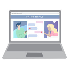 Illustration of virtual relationship concept. Online dating and messaging app. Man chatting with woman on the Internet. Online commutication. Dating service website on the laptop. 