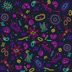 Bacteria, viruses and germs vector colorful pattern. Collection of various microorganisms, fungi, protozoa on a white background. Set of disease-causing microbes in neon colors. 