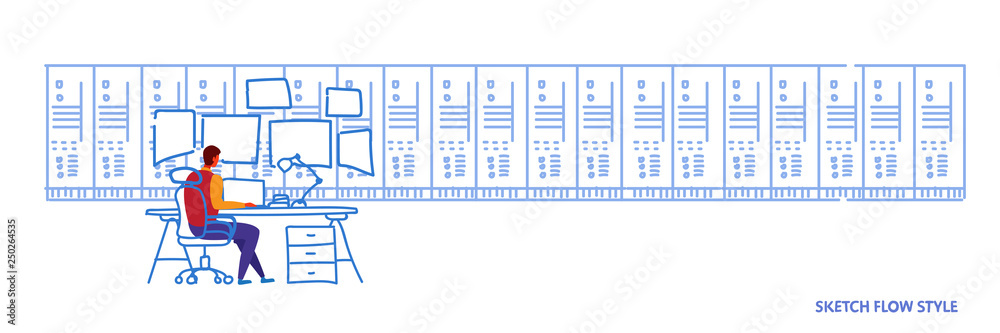 Poster man sitting workplace desk working in data center room hosting server computer monitoring concept in