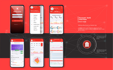 Mobile banking. Template for mobile app in red fashion design. Mobile UI Kit for responsive mobile app with different GUI layout including Login, Profile. Mockup vector
