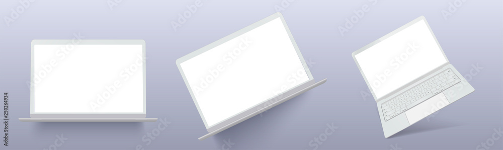 Poster realistic thin white laptop ultrabook mock up vector illustration. vector collection gadgets, mockup