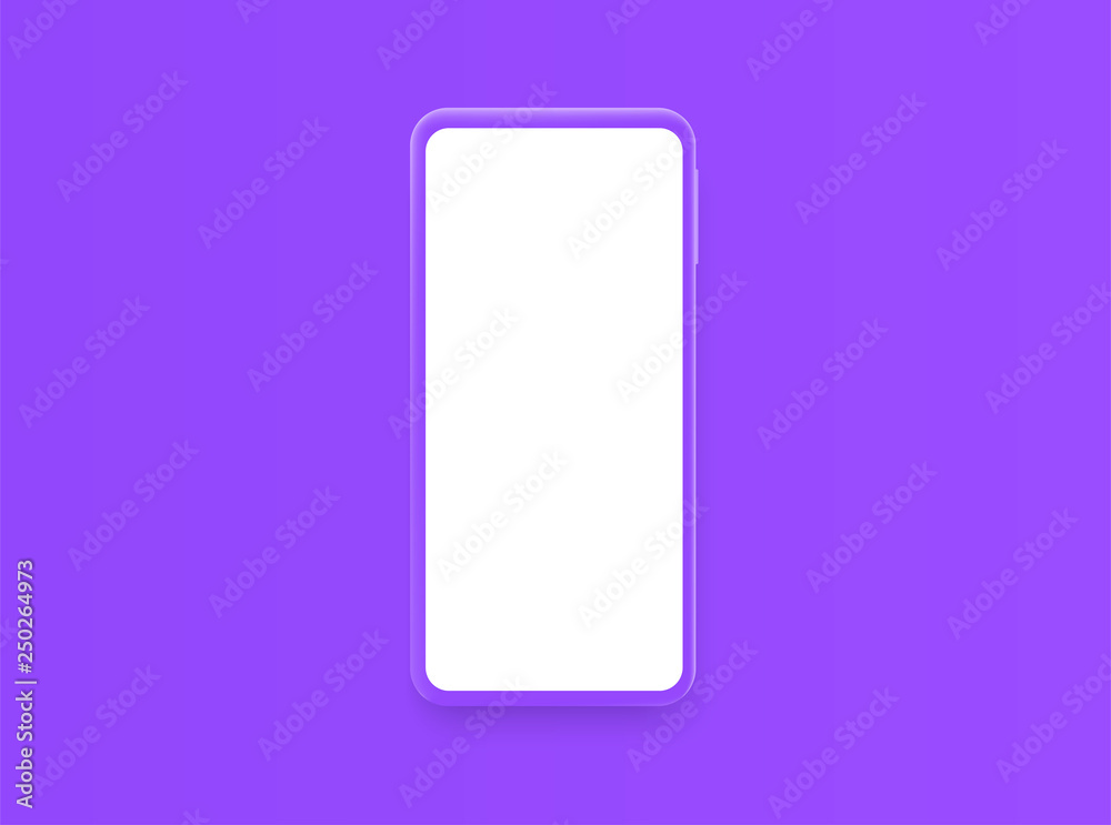 Poster violet smartphone with blank violet screen. realistic vector mockup phone for visual ui app demonstr