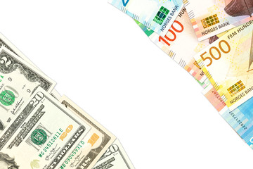 new norwegian krone and us-american dollar banknotes indicating bilateral economic relations with copy space
