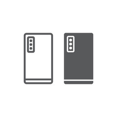 Smartphone with three camera line and glyph icon, technology and communication, mobile phone sign, vector graphics, a linear pattern on a white background.